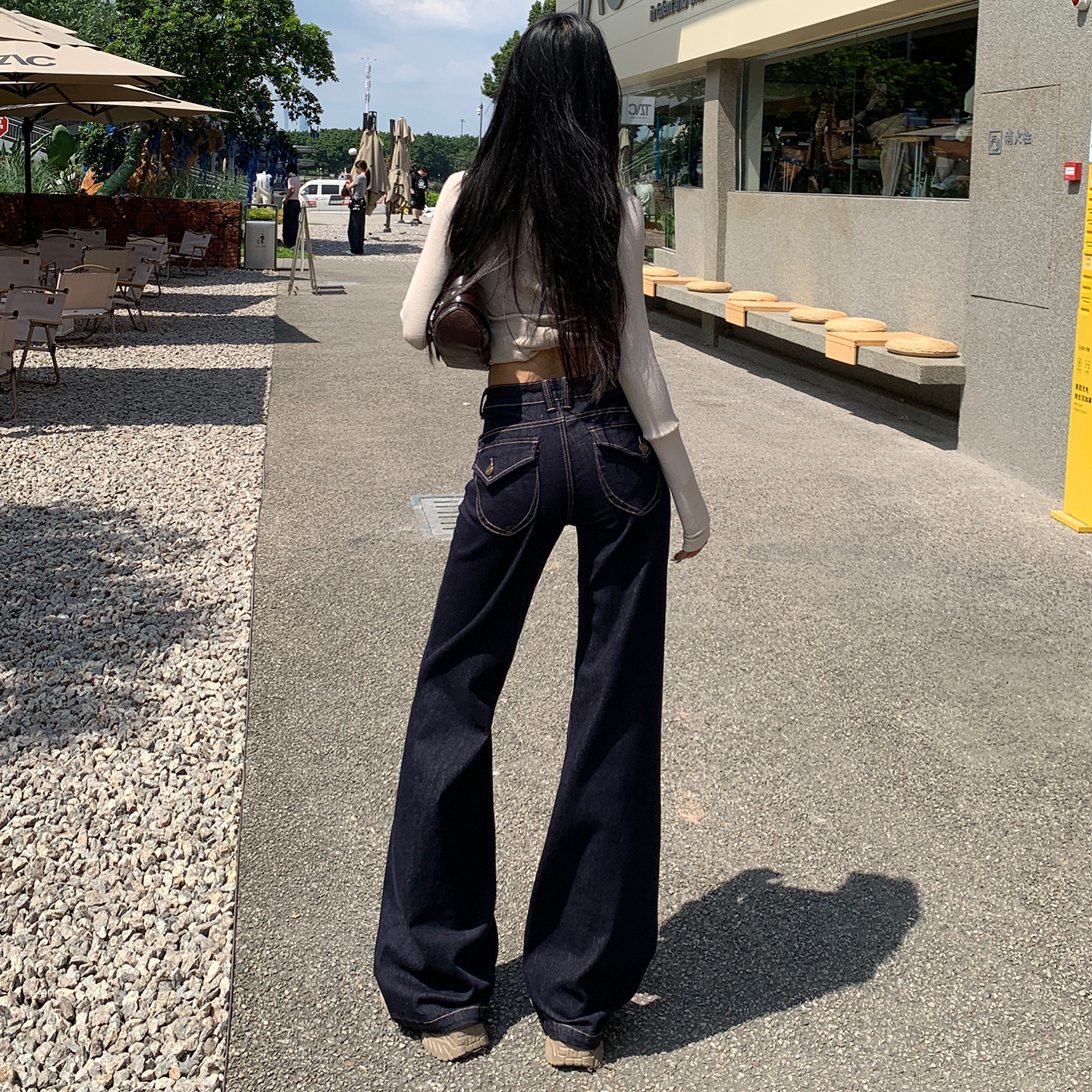 復古深藍牛仔防掉色長褲簡約日常百搭拖地修身顯瘦微叭牛仔褲