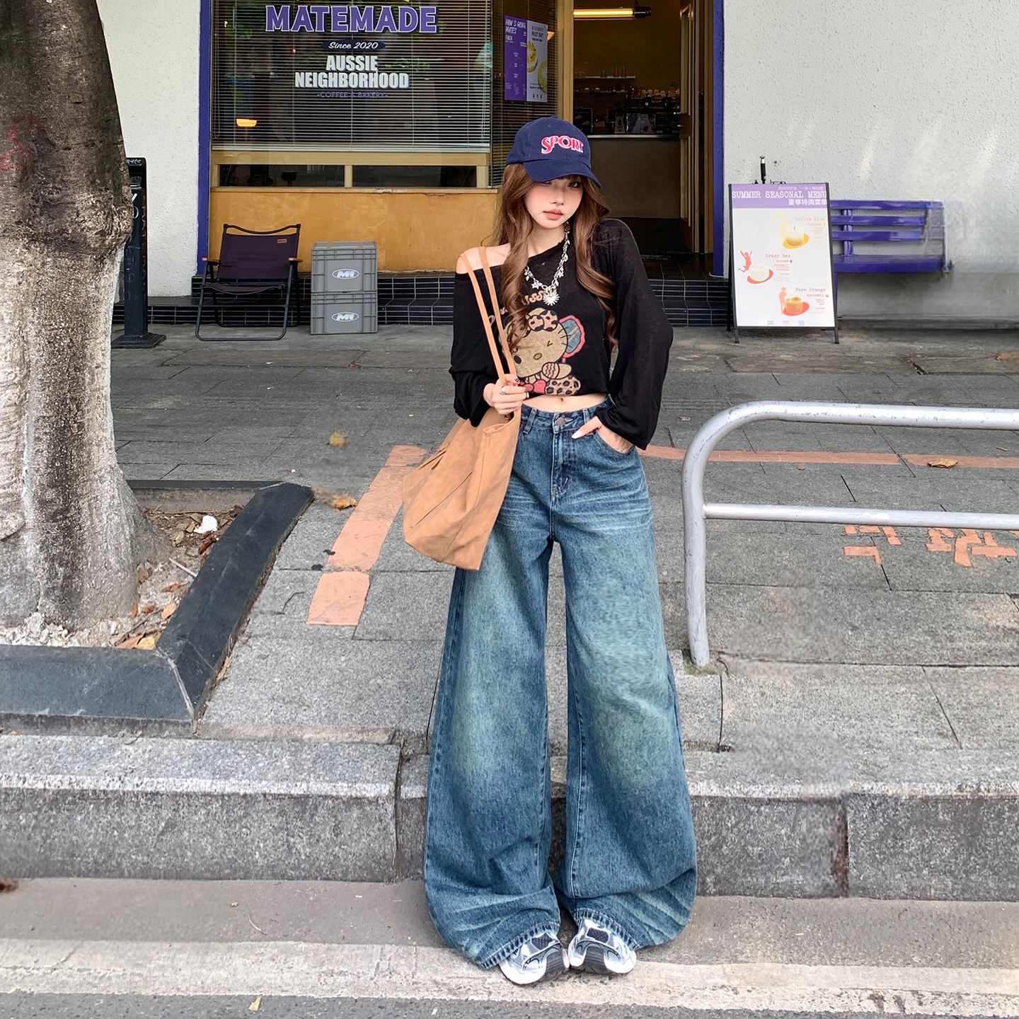 美式復古高腰寬松闊腿褲女2025秋冬季新款百搭垂感拖地直筒牛仔褲