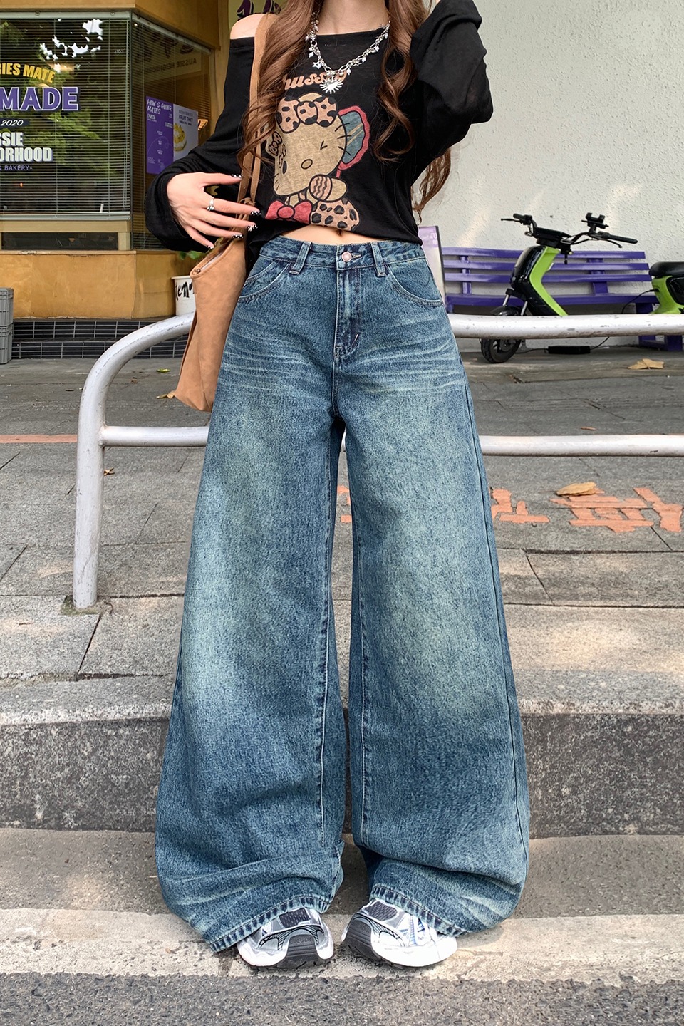 美式復古高腰寬松闊腿褲女2025秋冬季新款百搭垂感拖地直筒牛仔褲
