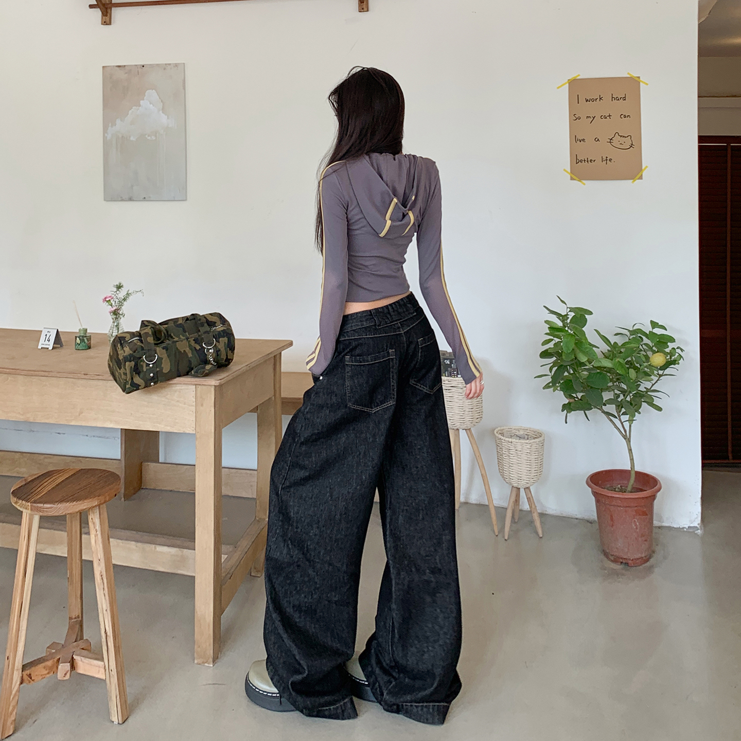 丹寧藍彎刀原牛色闊腿牛仔褲女2025秋季新款高腰直筒吹吹干拖地褲