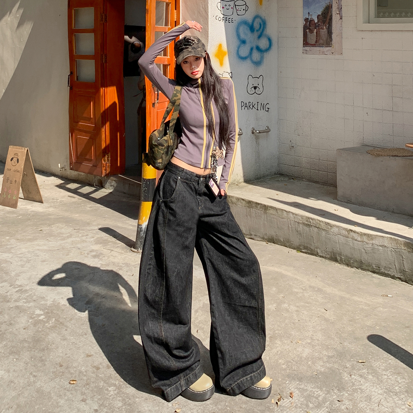 丹寧藍彎刀原牛色闊腿牛仔褲女2025秋季新款高腰直筒吹吹干拖地褲