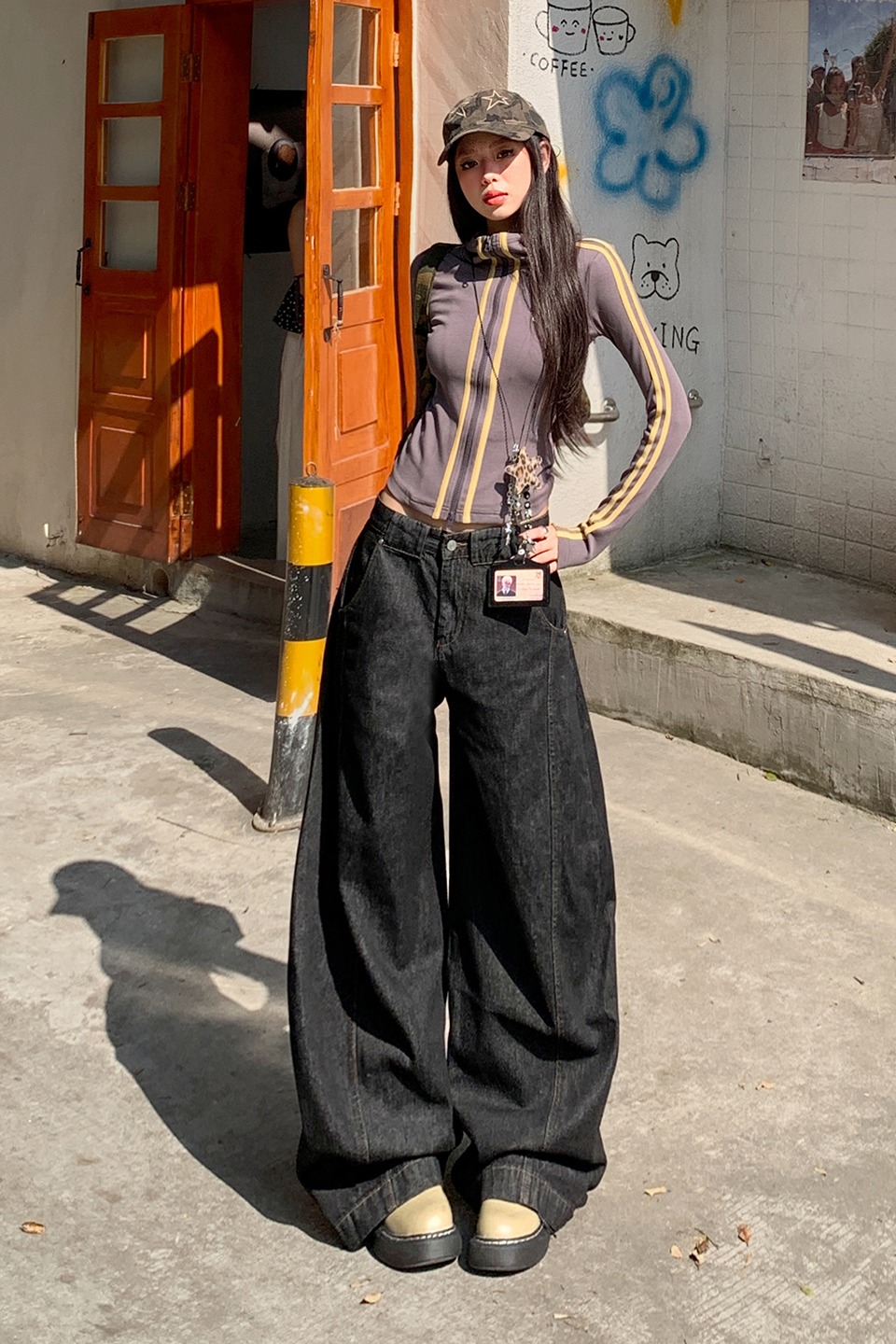 丹寧藍彎刀原牛色闊腿牛仔褲女2025秋季新款高腰直筒吹吹干拖地褲