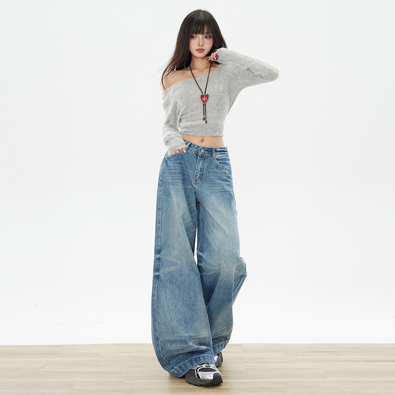 美式直筒闊腿褲水洗牛仔褲女2025年秋季新款磨白寬松顯瘦低腰褲子