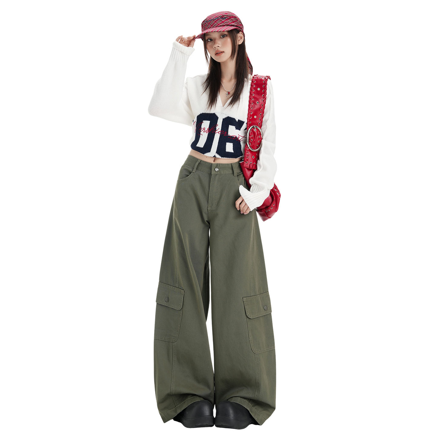軍綠色美式辣妹工裝休閑褲女2025秋季新款設計感高腰寬松闊腿褲