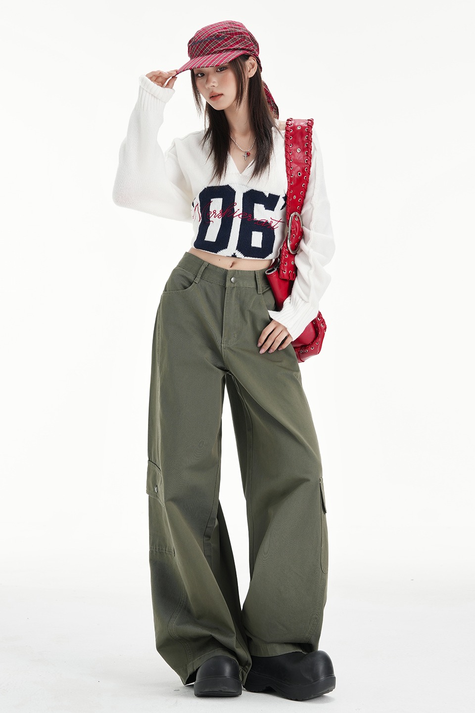 軍綠色美式辣妹工裝休閑褲女2025秋季新款設計感高腰寬松闊腿褲