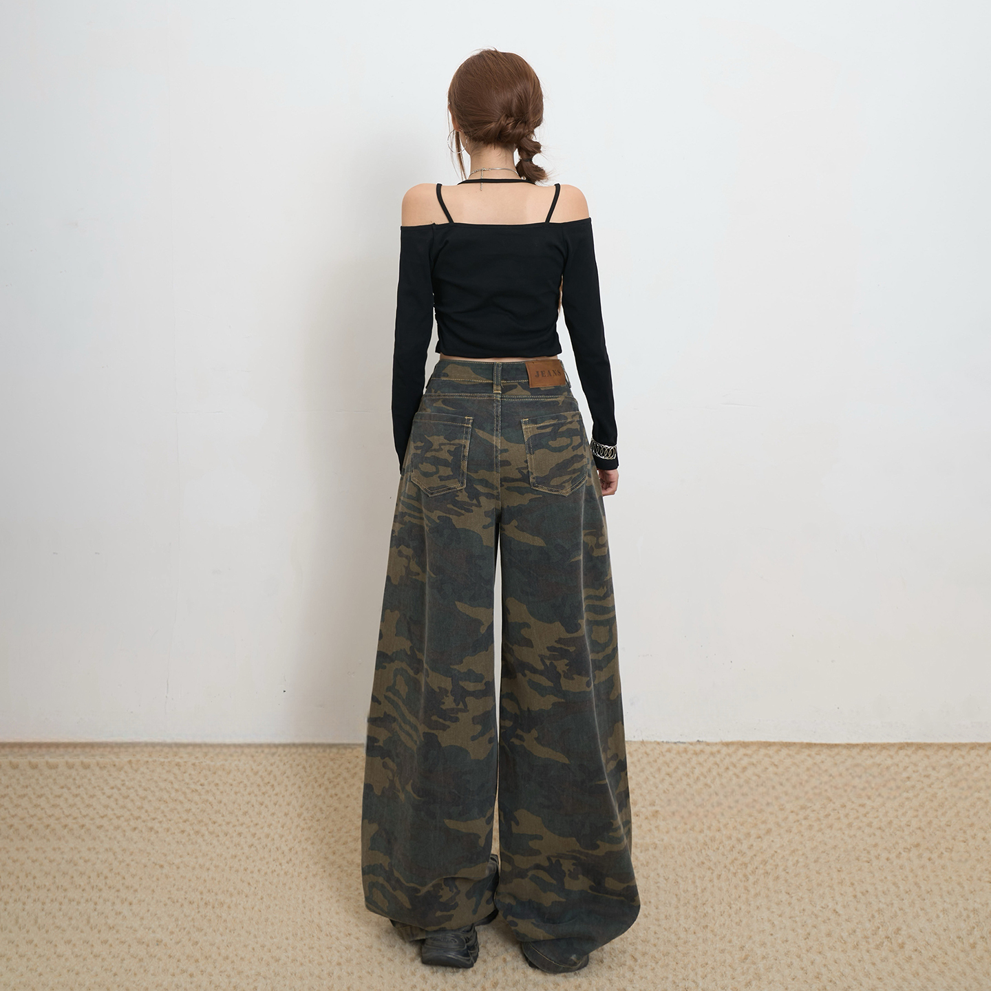 美式復古高腰寬松闊腿褲彎刀褲百搭女2025秋冬季新款迷彩牛仔褲