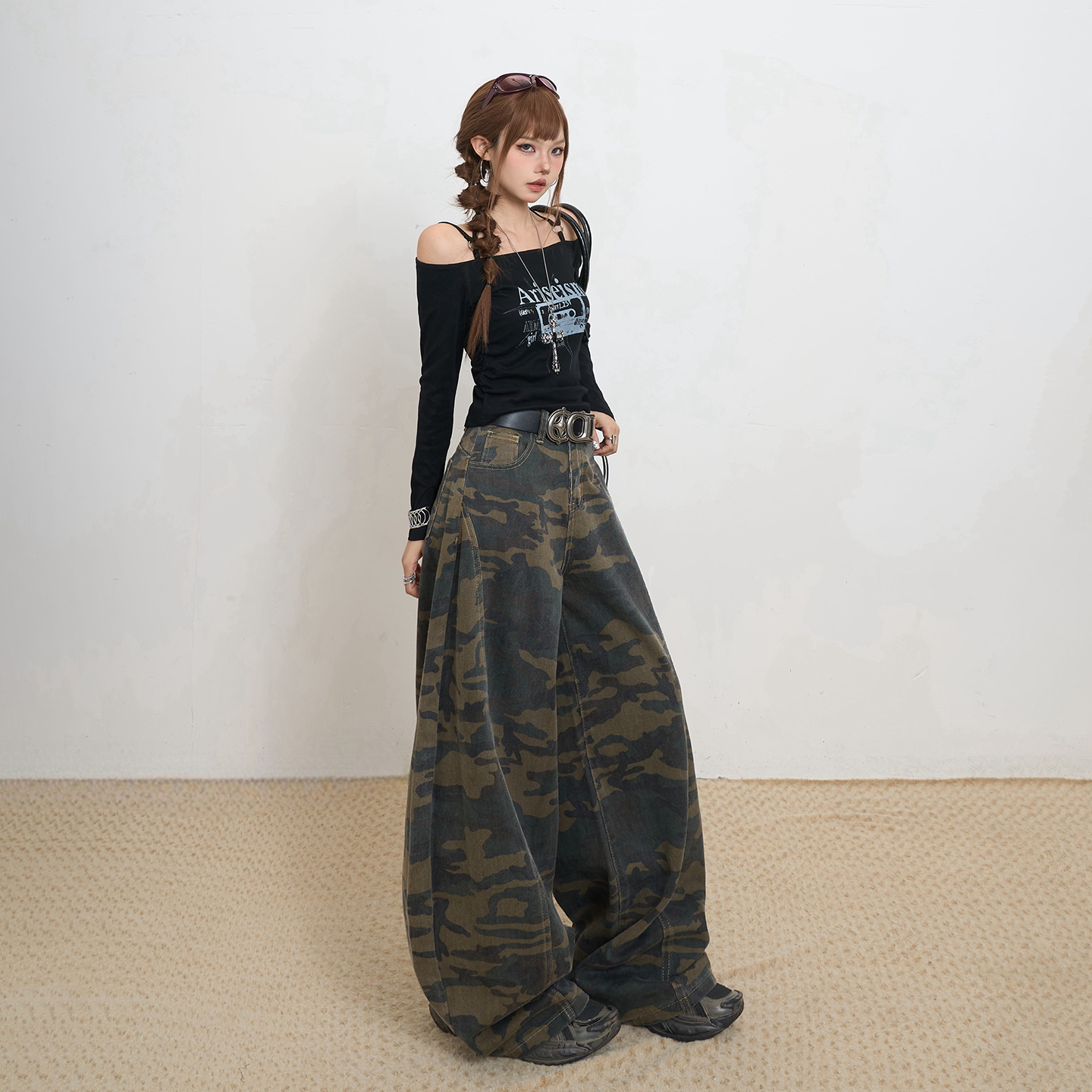美式復古高腰寬松闊腿褲彎刀褲百搭女2025秋冬季新款迷彩牛仔褲