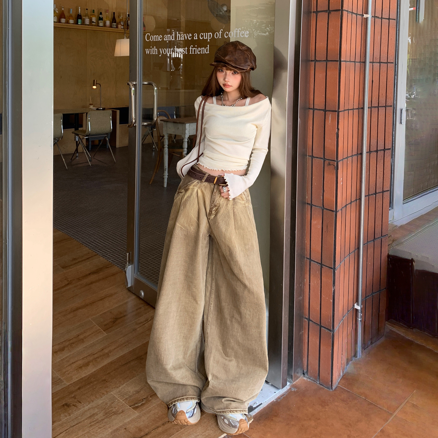 美式復古高腰寬松闊腿褲女秋冬季新款百搭垂感拖地美拉德牛仔褲女
