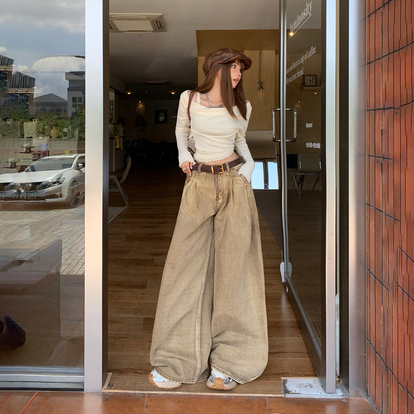 美式復古高腰寬松闊腿褲女秋冬季新款百搭垂感拖地美拉德牛仔褲女
