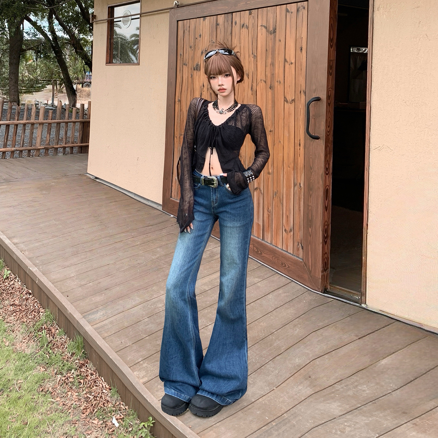 美式復古低腰辣妹喇叭褲女秋冬季新款修身顯瘦彈力垂感百搭牛仔褲