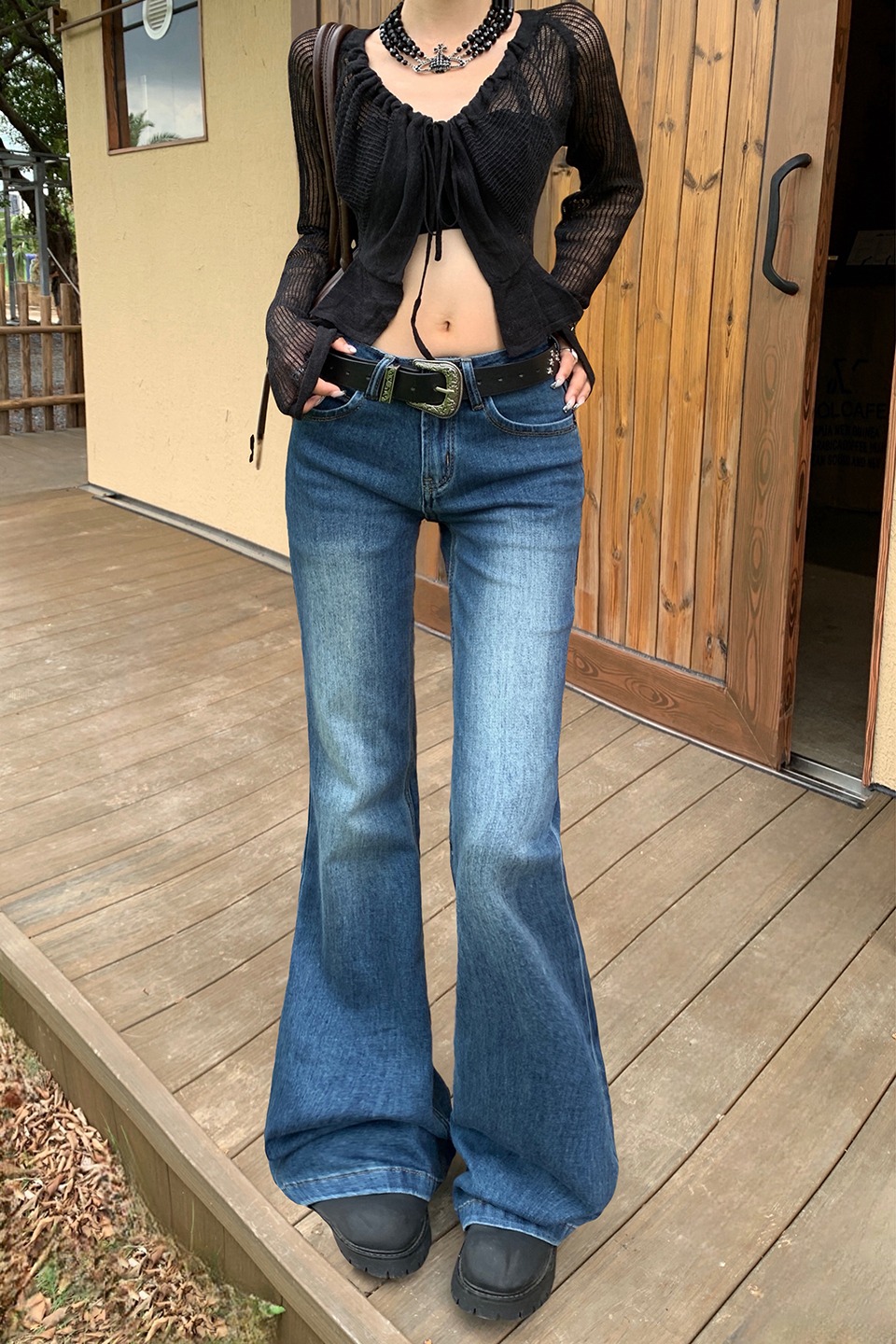 美式復古低腰辣妹喇叭褲女秋冬季新款修身顯瘦彈力垂感百搭牛仔褲