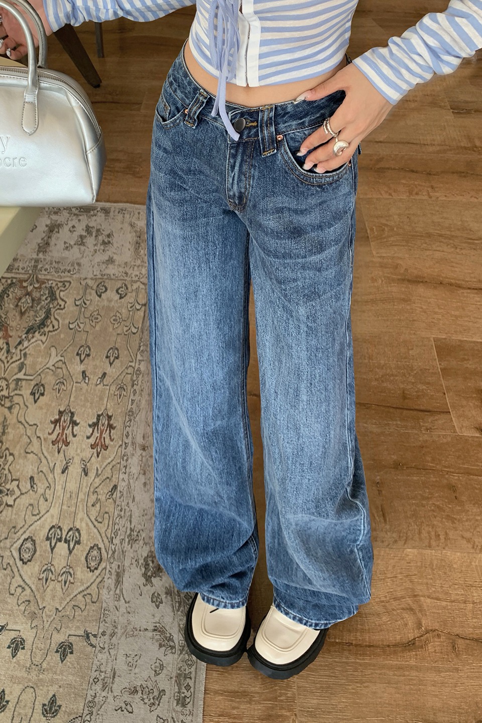 美式辣妹低腰直筒牛仔褲女2025新款復古水洗設計感顯瘦拖地闊腿褲