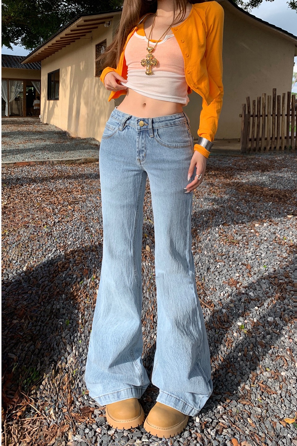 美式復古辣妹低腰喇叭褲女秋冬新款竹節紋修身顯瘦百搭彈力牛仔褲