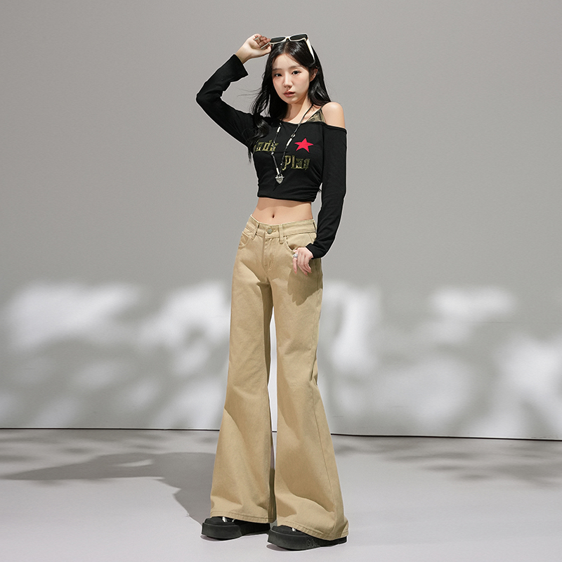 美式復古微喇牛仔褲女秋新款低腰寬松小眾卡其色垂感棕色闊腿褲子