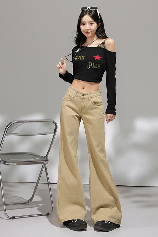 美式復古微喇牛仔褲女秋新款低腰寬松小眾卡其色垂感棕色闊腿褲子