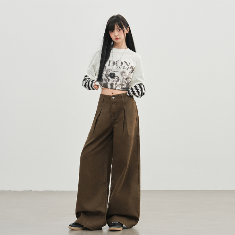 美式棕咖色高腰褶皺闊腿牛仔褲女2025新款寬松直筒垂感顯瘦拖地褲