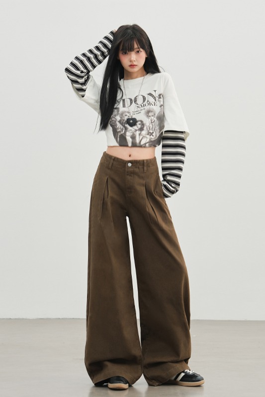 美式棕咖色高腰褶皺闊腿牛仔褲女2025新款寬松直筒垂感顯瘦拖地褲