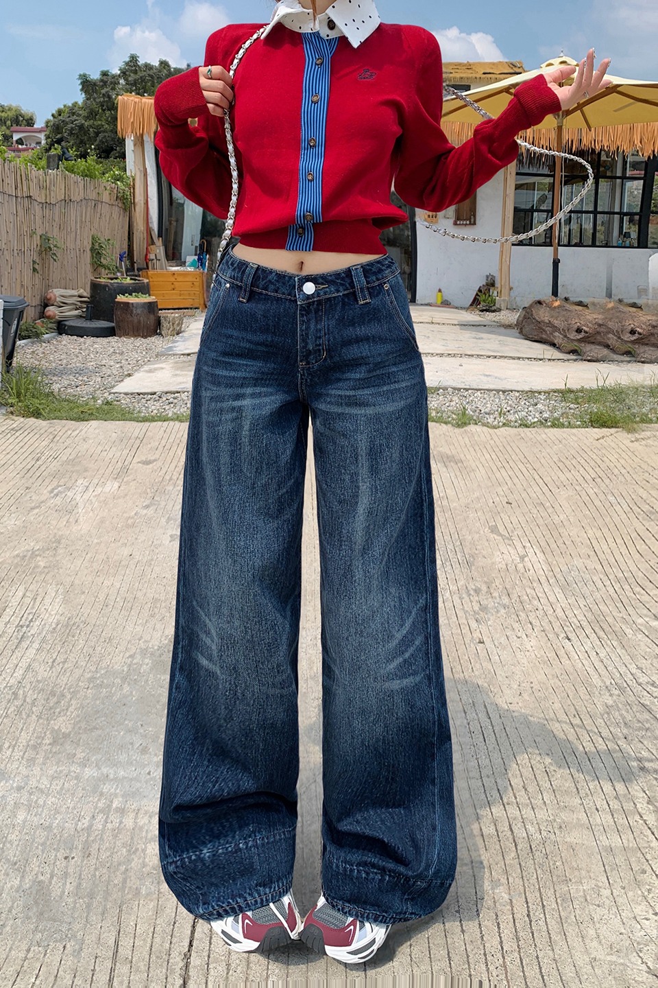 美式復古寬松闊腿褲百搭ins女秋冬季新款貓紋漸變垂感直筒牛仔褲