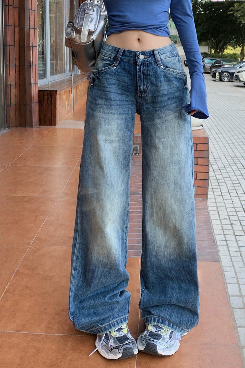 美式復古低腰辣妹寬松直筒褲女秋冬新款百搭闊腿褲垂感漸變牛仔褲