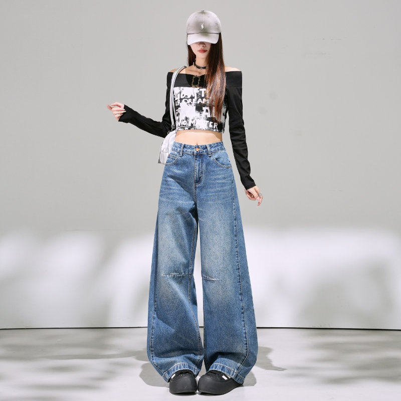 楊冪同款牛仔褲女2025秋季新款高腰顯瘦寬松慵懶風直筒彎刀牛仔褲