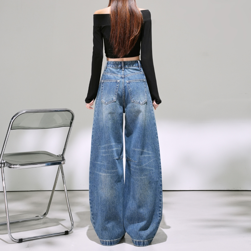 楊冪同款牛仔褲女2025秋季新款高腰顯瘦寬松慵懶風直筒彎刀牛仔褲