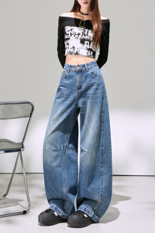 楊冪同款牛仔褲女2025秋季新款高腰顯瘦寬松慵懶風直筒彎刀牛仔褲