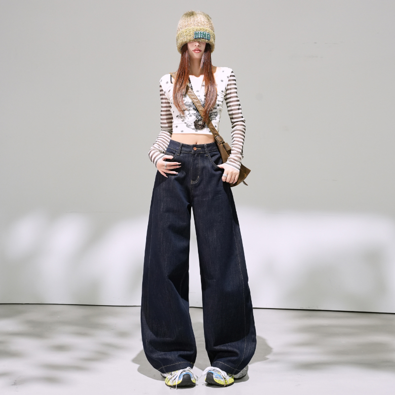 楊冪同款牛仔褲女2025秋季新款高腰顯瘦寬松慵懶風直筒彎刀牛仔褲