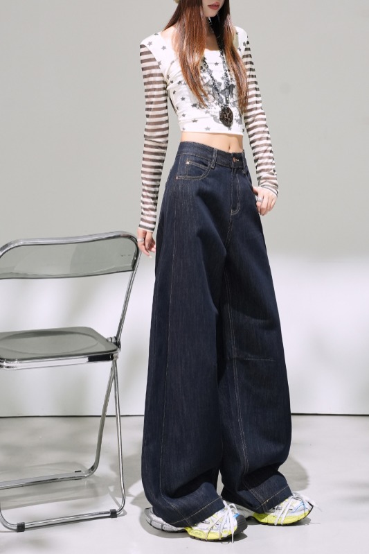 楊冪同款牛仔褲女2025秋季新款高腰顯瘦寬松慵懶風直筒彎刀牛仔褲