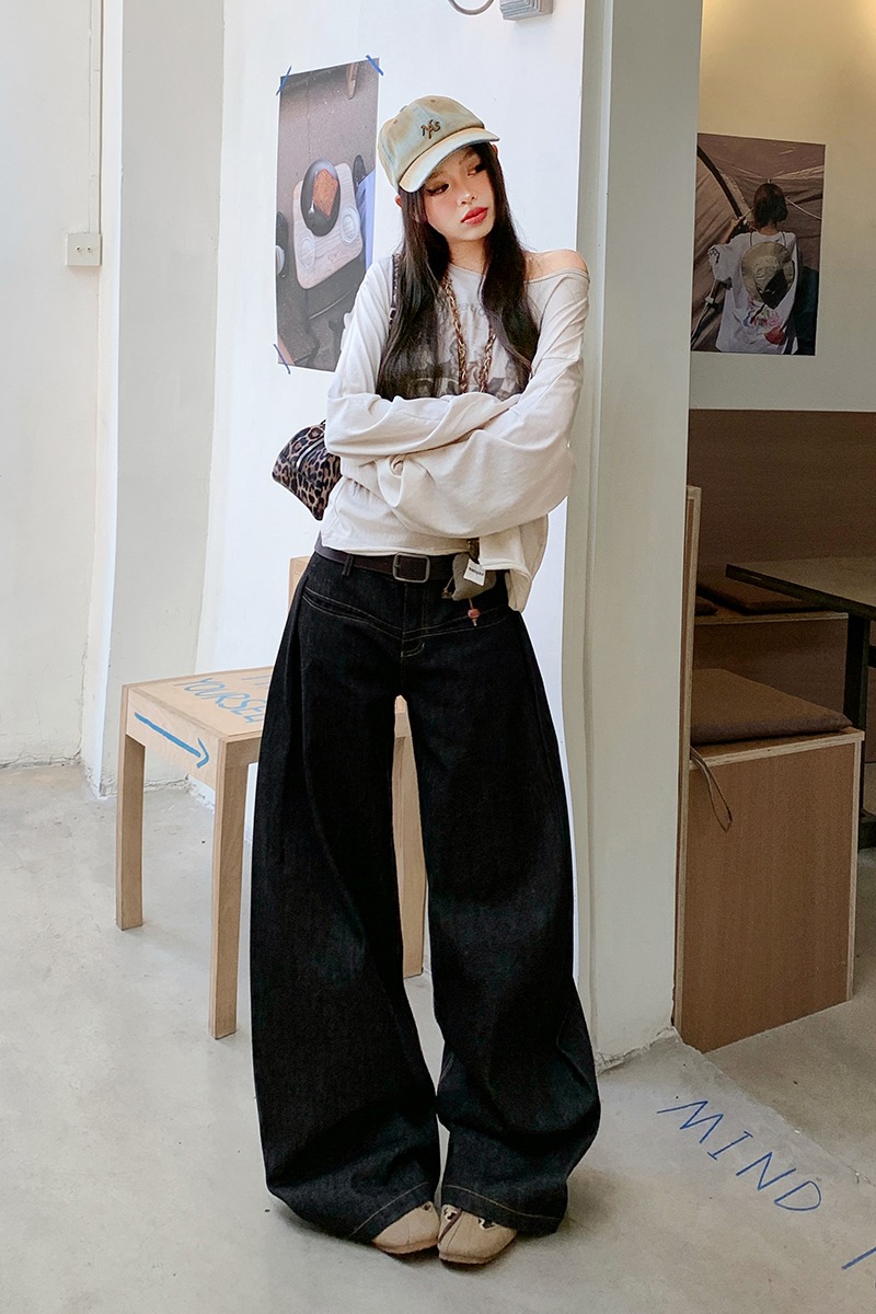 美式復古設計感廓形原牛色彎刀牛仔褲女秋冬款休閑百搭寬松闊腿褲