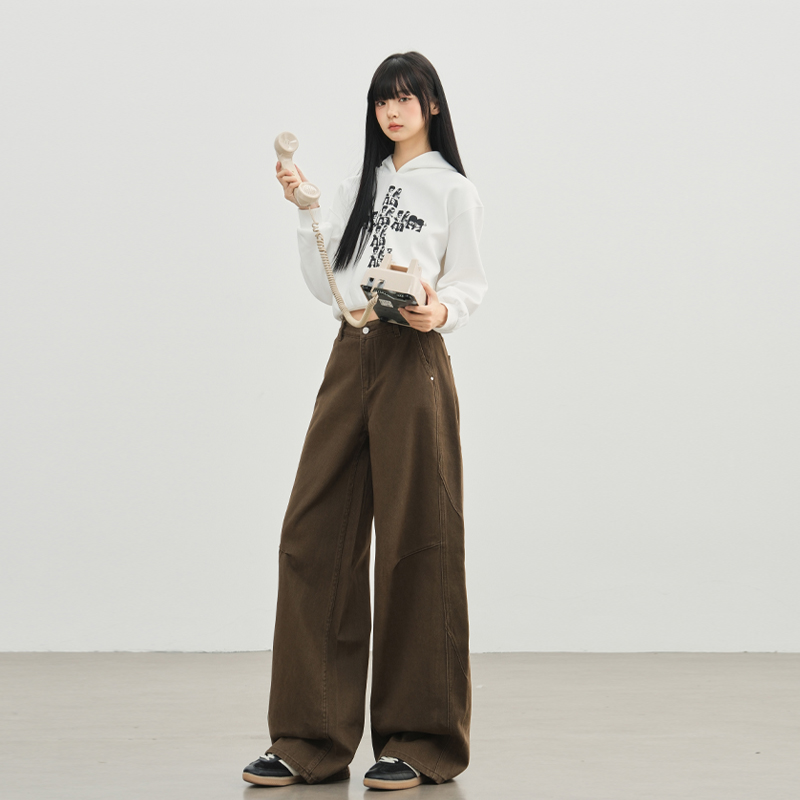 美式復古棕咖色闊腿牛仔褲女秋新款高腰美拉德寬松顯瘦工裝直筒褲