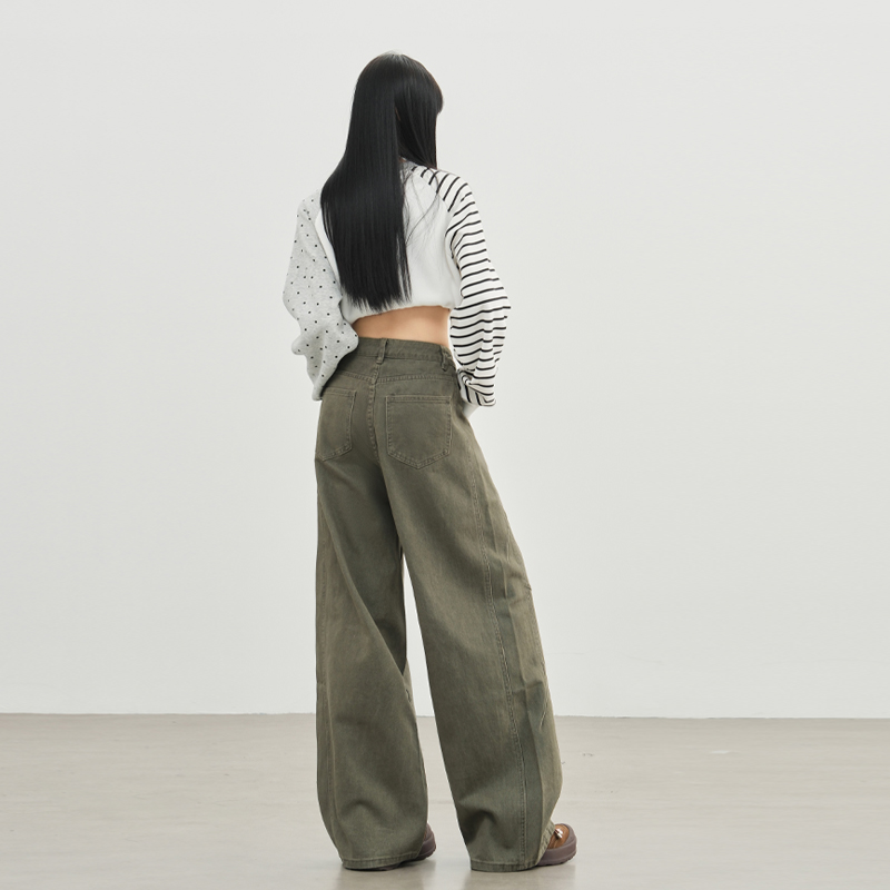 復古軍綠色闊腿牛仔褲女2025秋新款美式高腰寬松百搭顯瘦直筒褲子