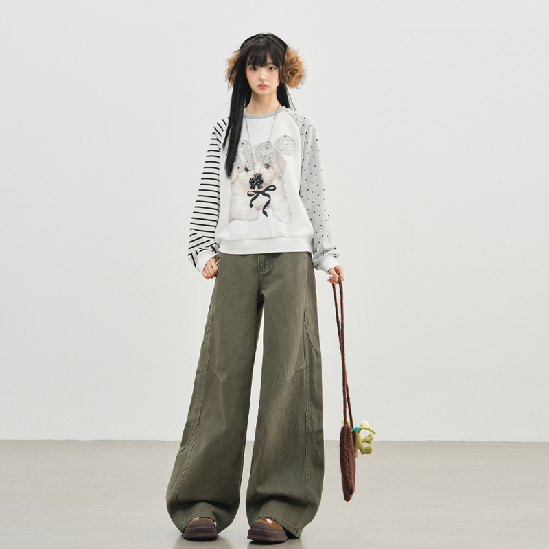 復古軍綠色闊腿牛仔褲女2025秋新款美式高腰寬松百搭顯瘦直筒褲子