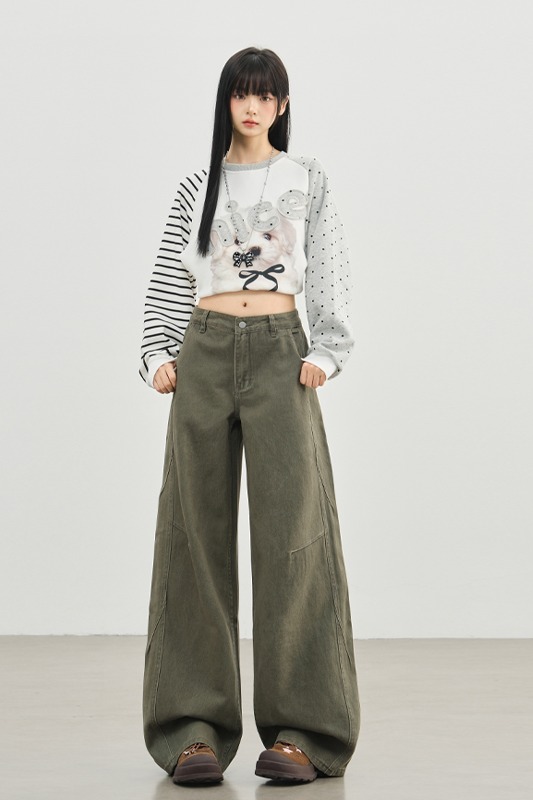 復古軍綠色闊腿牛仔褲女2025秋新款美式高腰寬松百搭顯瘦直筒褲子