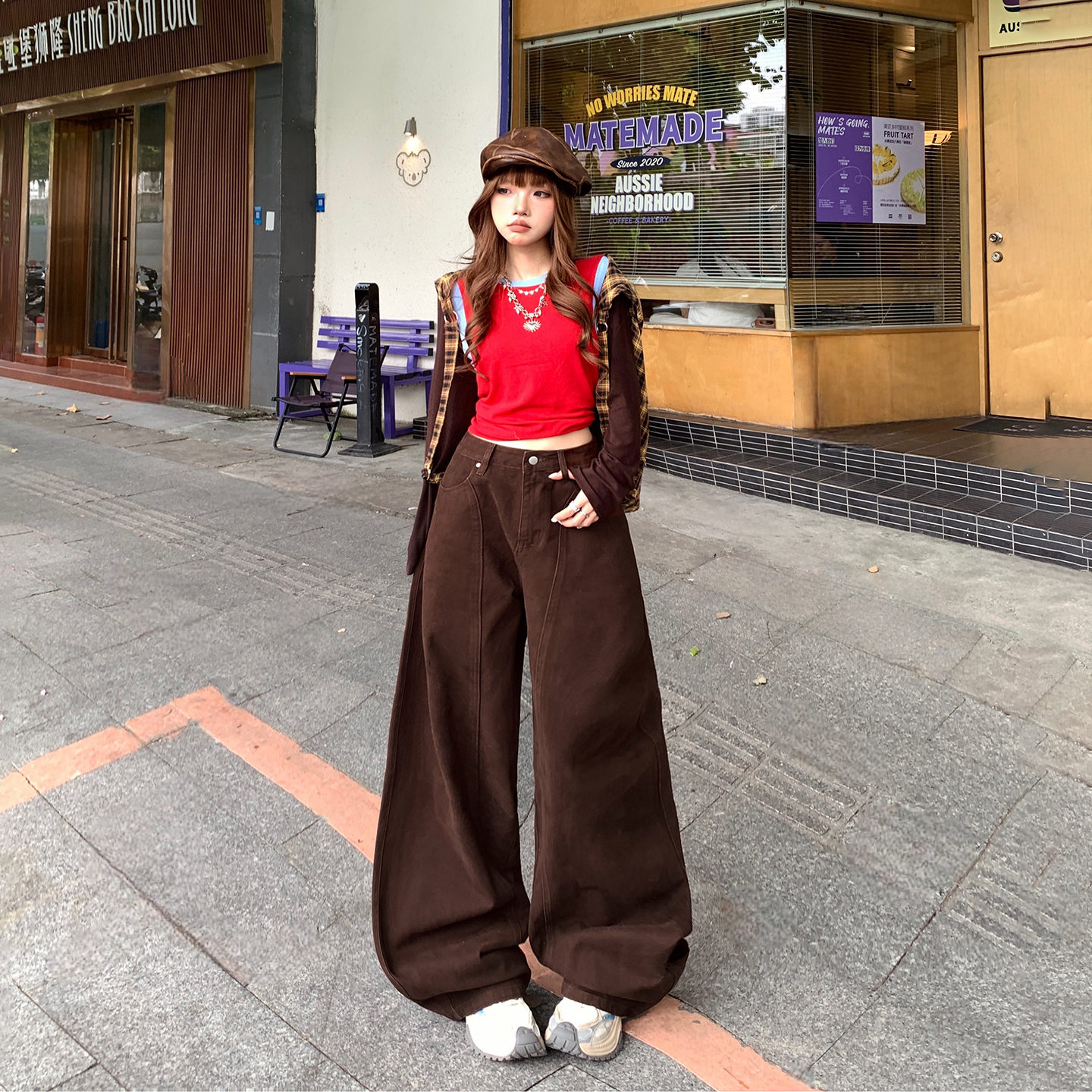 咖色彎刀直筒高腰顯高顯瘦牛仔褲女秋季新款百搭寬松闊腿鐮刀褲子