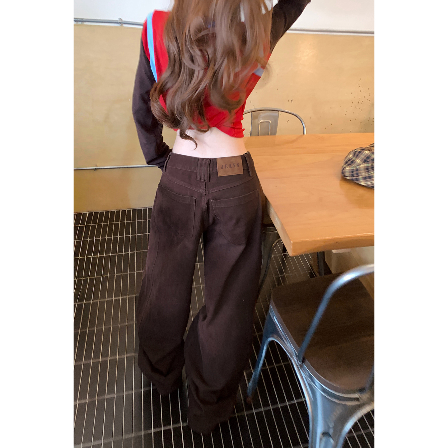 咖色彎刀直筒高腰顯高顯瘦牛仔褲女秋季新款百搭寬松闊腿鐮刀褲子