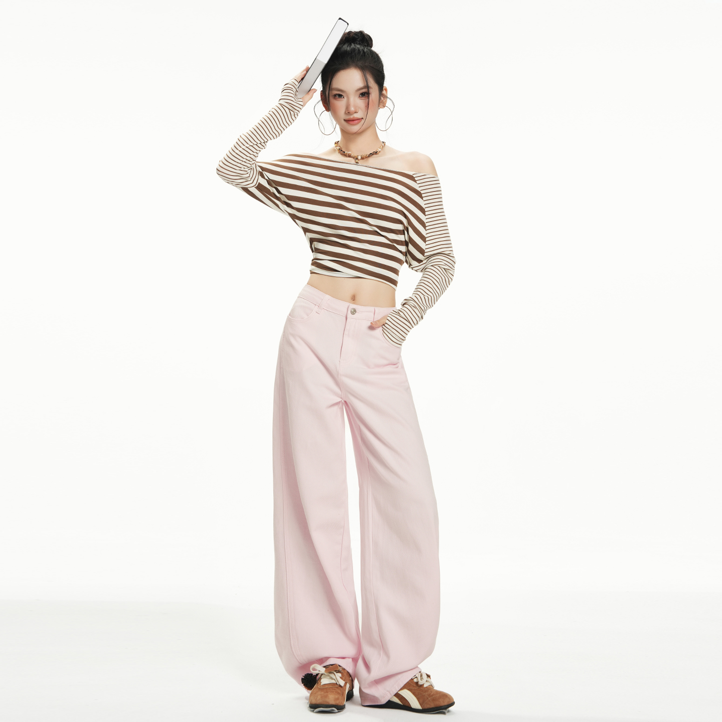 粉色時尚減齡闊腿牛仔褲女2025秋季新款高腰顯瘦寬松直筒拖地褲子