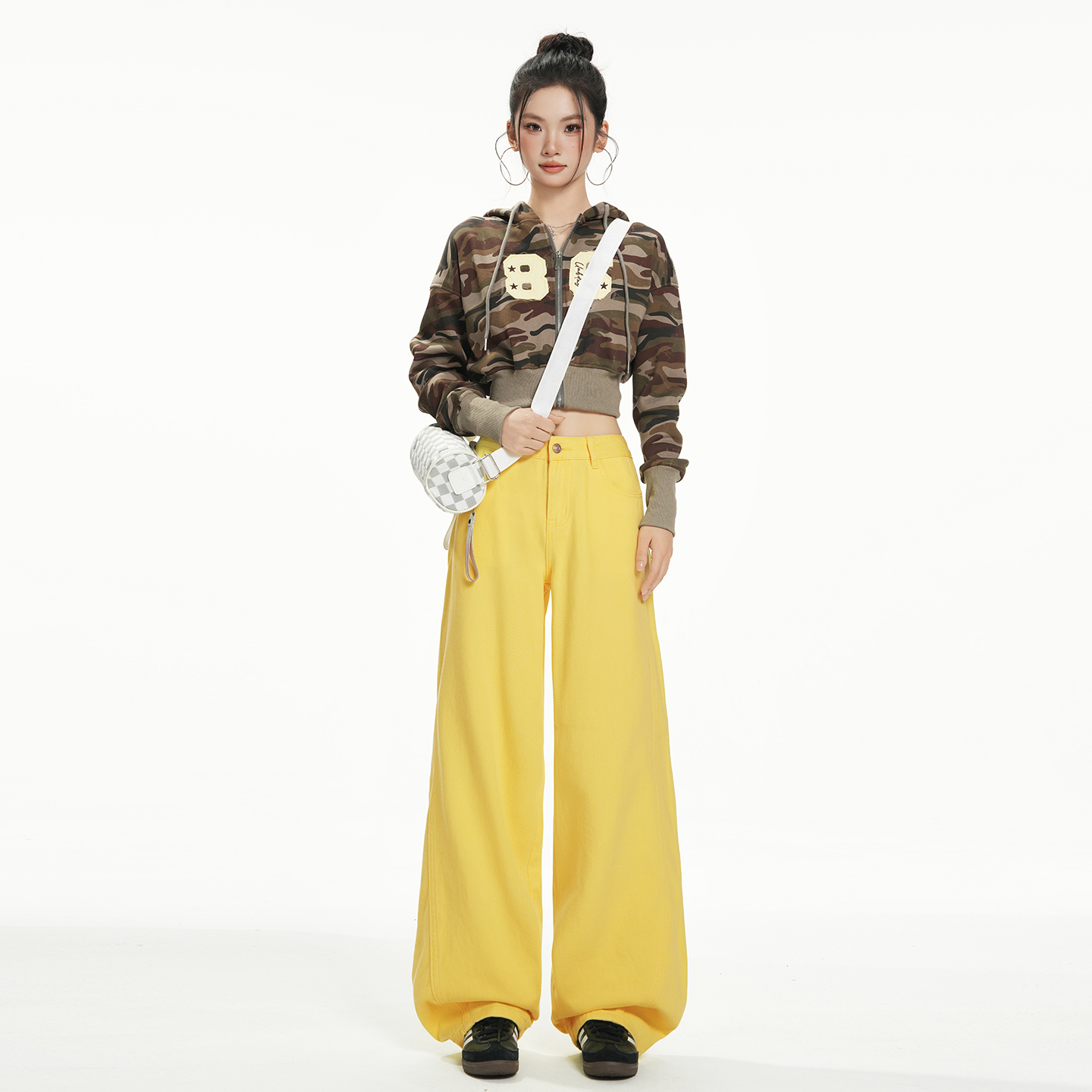 黃色時尚減齡闊腿牛仔褲女2025秋季新款高腰顯瘦寬松直筒拖地褲子