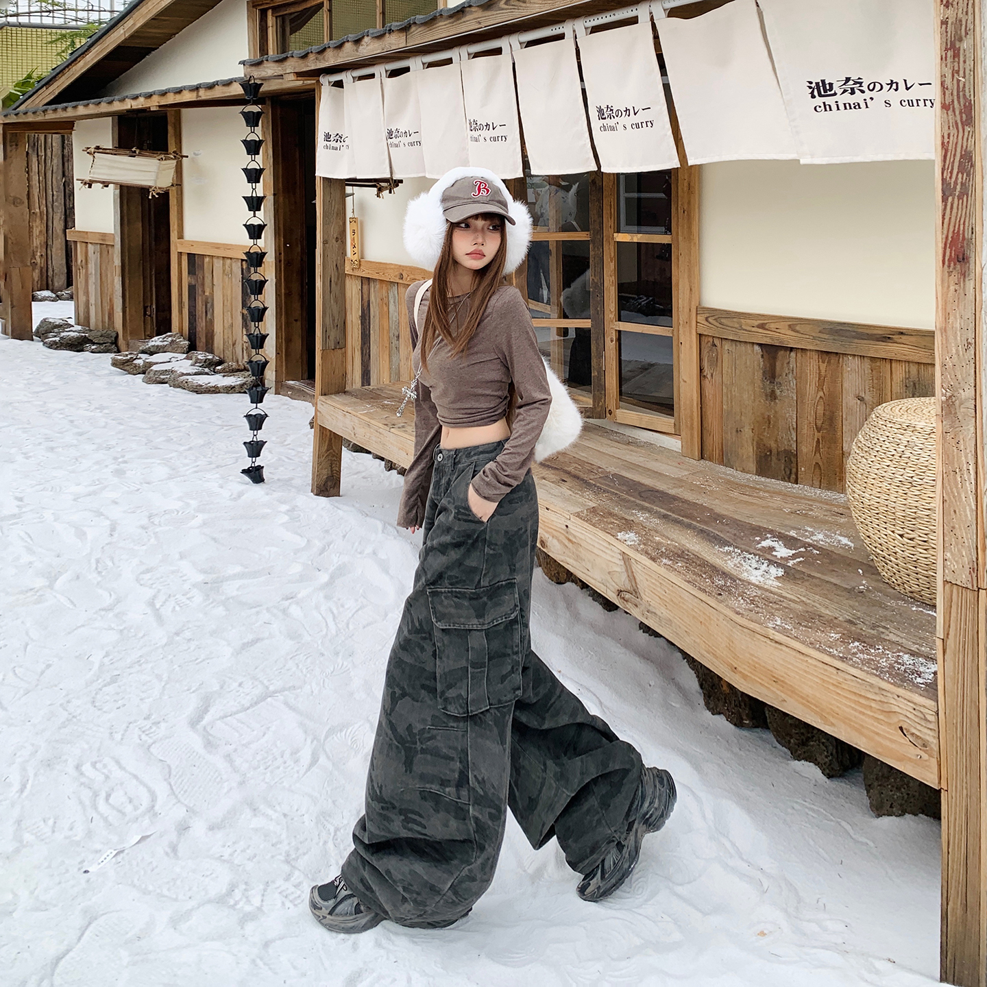 美式復古寬松闊腿褲迷彩彎刀褲女秋冬新款百搭垂感休閑工裝牛仔褲