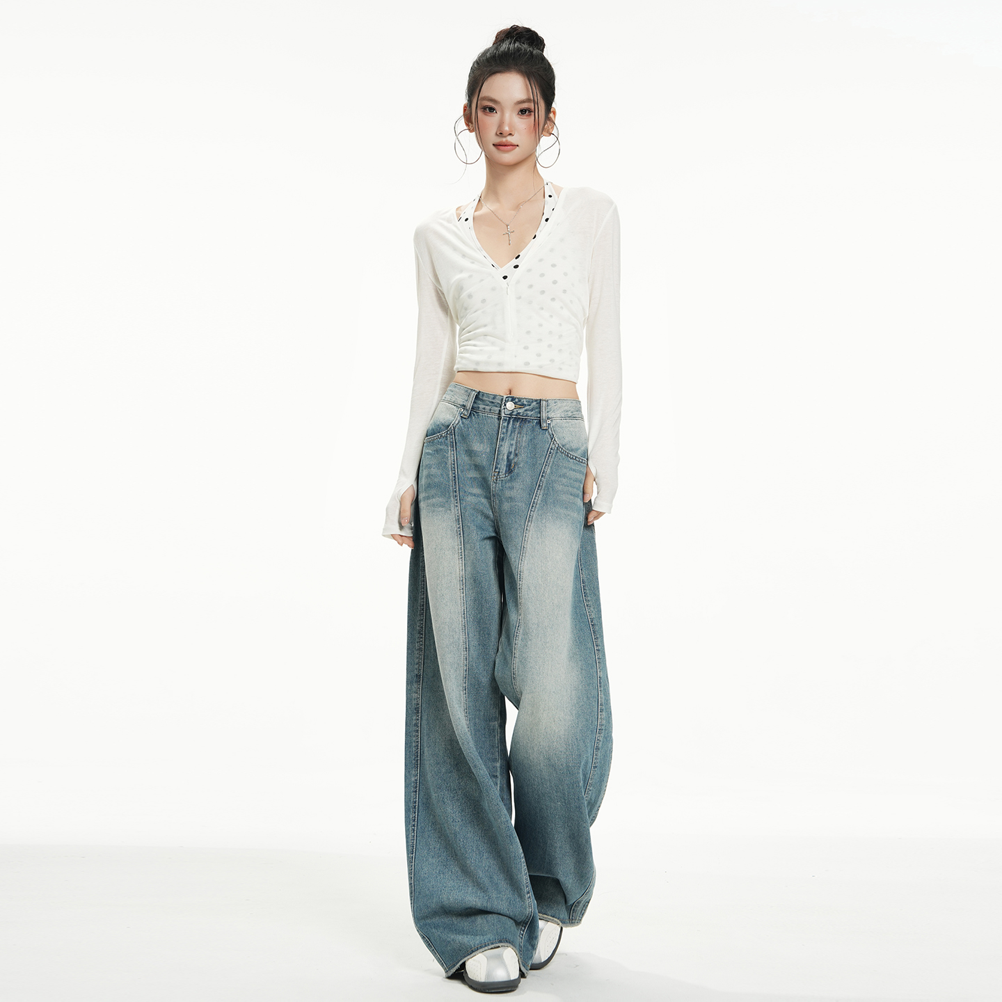 美式復古解構彎刀設計闊腿牛仔褲女2025秋冬季新款寬松鐮刀拖地褲