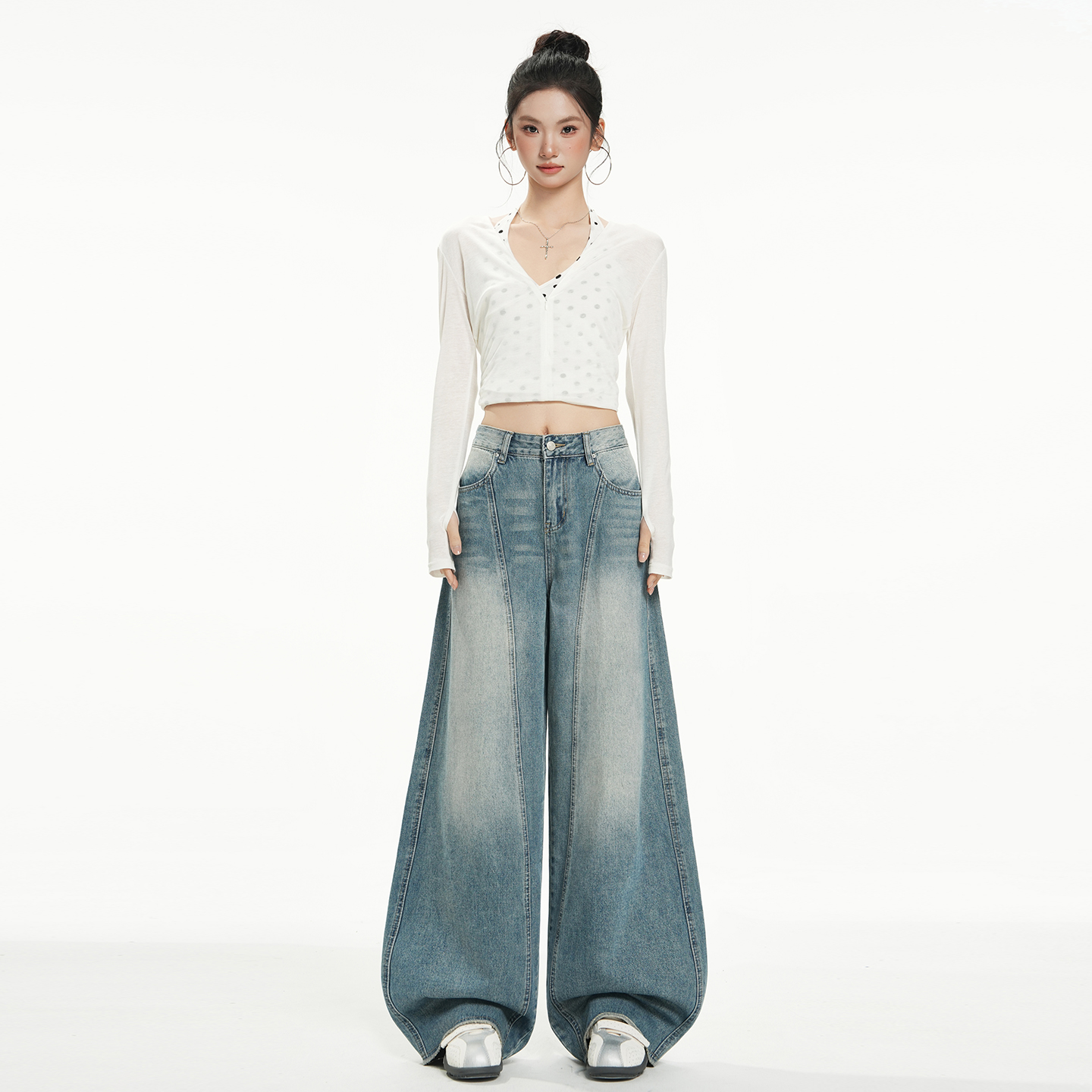 美式復古解構彎刀設計闊腿牛仔褲女2025秋冬季新款寬松鐮刀拖地褲