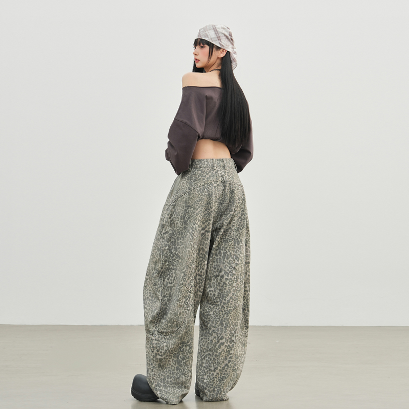 美式復古豹紋彎刀褲女2025秋季新款辣妹廓形寬松做舊拖地牛仔褲子