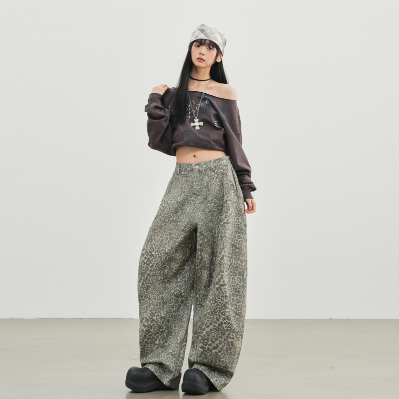 美式復古豹紋彎刀褲女2025秋季新款辣妹廓形寬松做舊拖地牛仔褲子