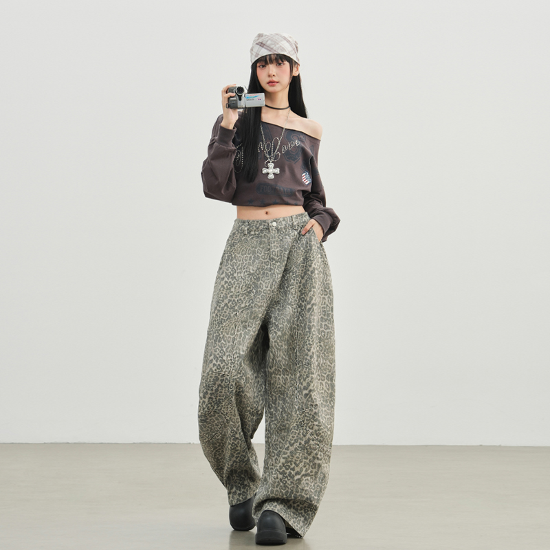 美式復古豹紋彎刀褲女2025秋季新款辣妹廓形寬松做舊拖地牛仔褲子