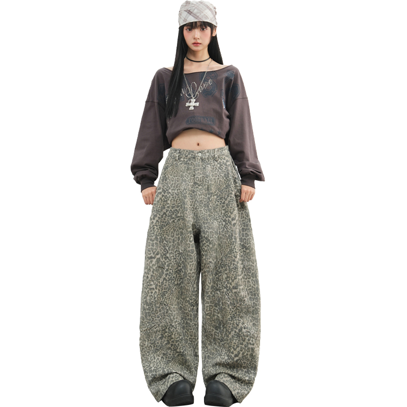 美式復古豹紋彎刀褲女2025秋季新款辣妹廓形寬松做舊拖地牛仔褲子