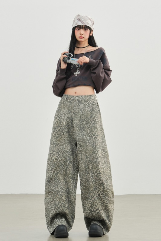 美式復古豹紋彎刀褲女2025秋季新款辣妹廓形寬松做舊拖地牛仔褲子