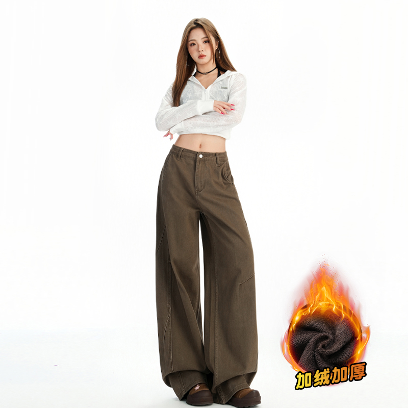 棕咖色高腰闊腿牛仔褲女美式復古做舊秋冬新款寬松顯瘦加絨直筒褲