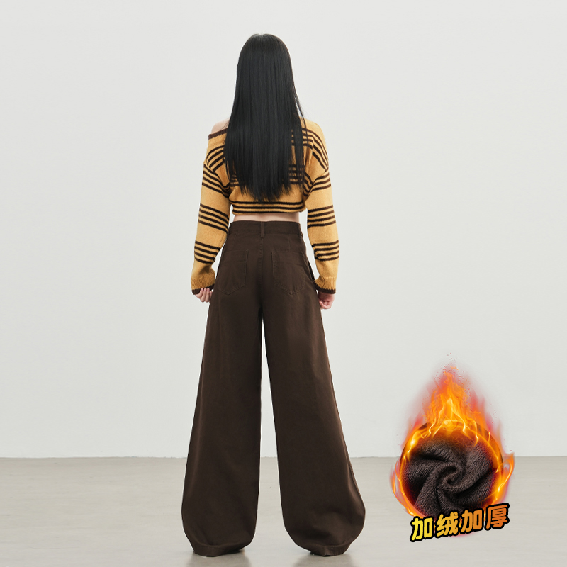 咖色加絨美式復古辣妹分割牛仔褲女秋冬新款直筒顯瘦寬松闊腿長褲