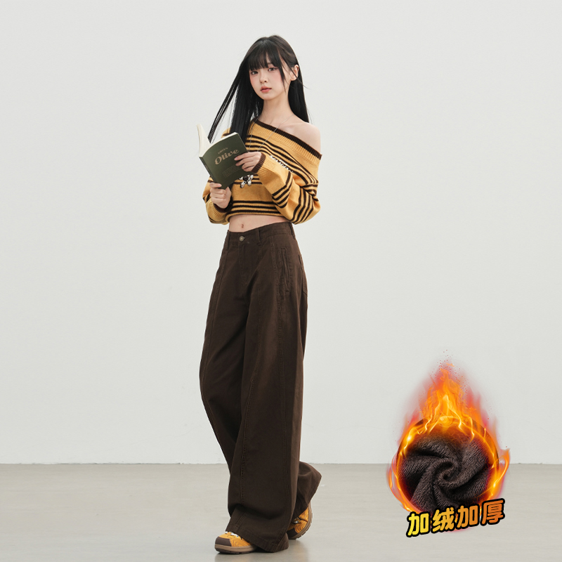 咖色加絨美式復古辣妹分割牛仔褲女秋冬新款直筒顯瘦寬松闊腿長褲