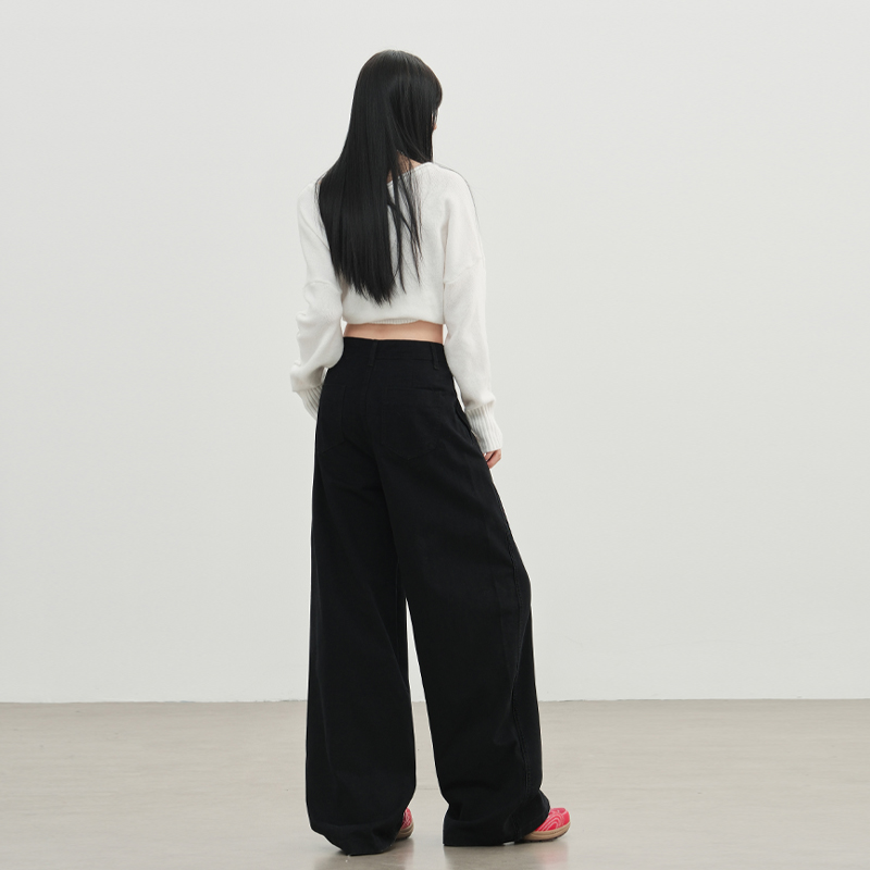 黑色美式復古辣妹分割牛仔褲女秋冬新款直筒顯瘦寬松闊腿休閑長褲