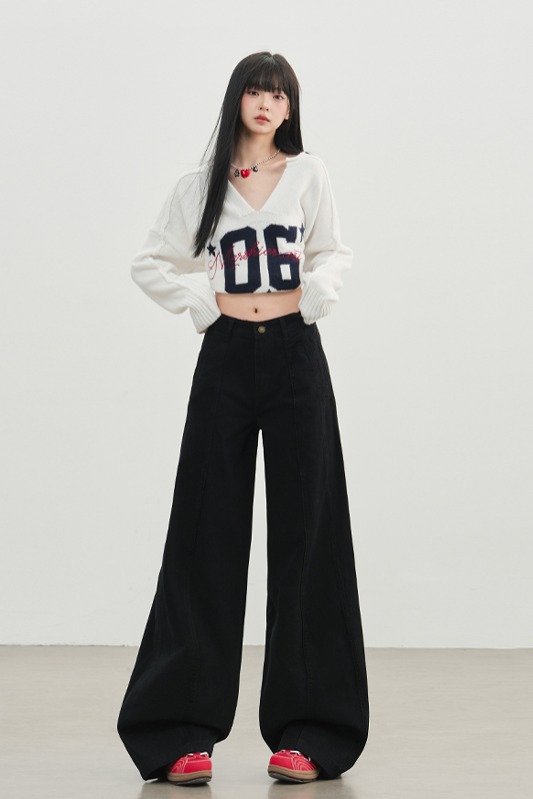 黑色美式復古辣妹分割牛仔褲女秋冬新款直筒顯瘦寬松闊腿休閑長褲